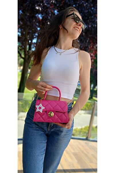 ÇANTA ​Silesta Kadın Fuşya Pembe Kapitone Zincir Askılı Omuz Çantası - İncili...