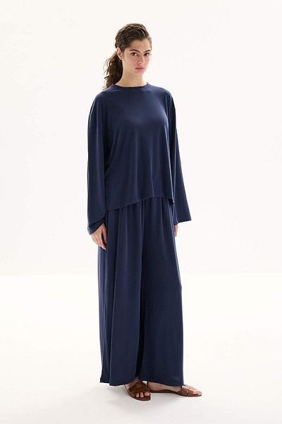Hooopstore Modal Containing Relaxed Fit Navy Blue Trousers Suit