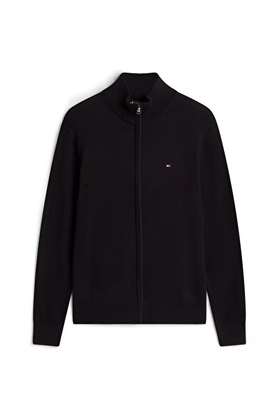 Tommy Hilfiger Erkek Fermuarlı Dik Yaka Pamuklu Triko Hırka - Siyah