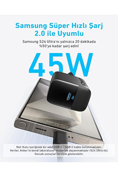 Anker Şarj Cihazı (45W) Usb-C ve Usb-C Kablolu (2'li Set) - B2653 - Siyah
