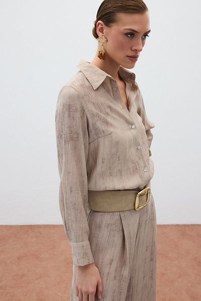Sateen Patterned Loose Shirt - Beige