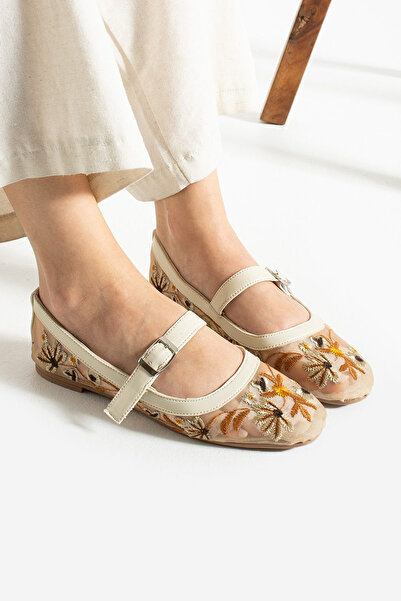 BOUIS Women's Beige Daily Tulle Fabric Flower Embroidered Ballerina Light Stylish Comfortable Luxury Banded Holiday Mesh Shoes