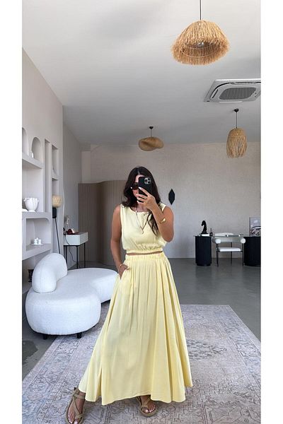 Buket Teke Yellow Massi Linen Skirt Blouse Set