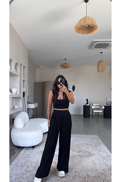 Buket Teke Pantaloni de sport negri cu pliuri cu picioare largi