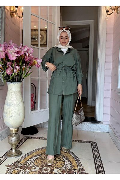 Aselim Hijap Moda Miami Strawberry Λινό Πουκάμισο Σετ – Παντελόνι με Τσέπες - Πράσινο