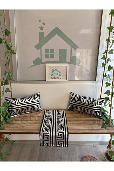 KIRLENTİM 3-Piece-Silver Foil Printed Labyrinth Pattern-Filled Throw Pillow and Runner