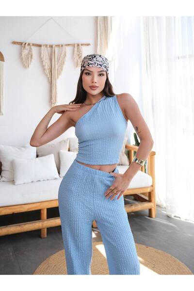 NovaRopa Women's Blue Wrinkle Fabric Single Shoulder Crop&Pants Set-Mx13654