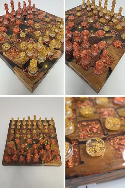 Finecraft "Gold and Copper" chessboard, made of Walnut wood, Resin, LEDs