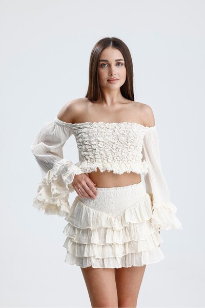 mirandalya Omuz Dekolteli Büzgülü Uzun Kollu Beyaz Bohem Bolero