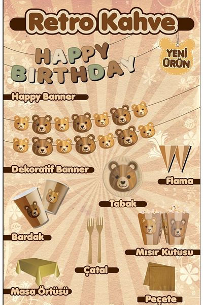 DÜVENCİ TİCARET Retro Coffee Teddy Bear Theme Birthday Party Set of 8 People