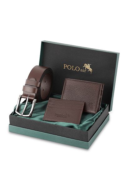 Polo Air Men's 100% Genuine Leather Wallet Card Holder Belt Combination Set Brown Color M-8003-K