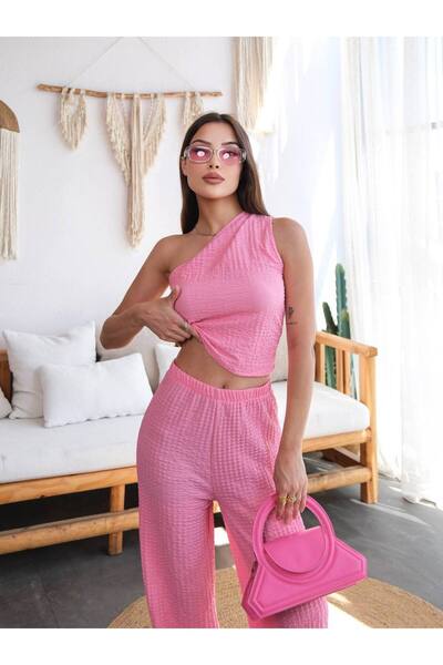 NovaRopa Women's Pink Wrinkle Fabric Single Shoulder Crop&Pants Set-Mx13654