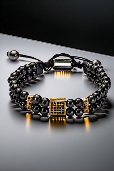 OSMANLI GÜMÜŞ Double Row Black Stone Gold Detail Men's Bracelet – Square Motif Adjustable Model