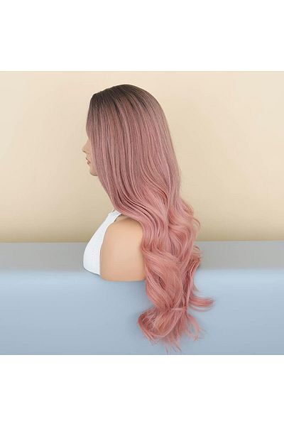 animis beauty Long pink wig, wavy, synthetic fiber with natural look, without bangs, 65 cm