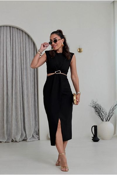 Afiş Butik Black Window Detailed Slit Dress