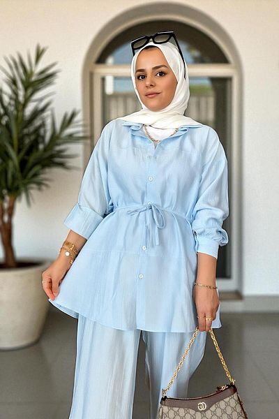 Aselim Hijap Moda Καλοκαιρινό κοστούμι με λινό πουκάμισο Strawberry – Άνετη κομψότητα με παντελόνι τσέπης (μέγεθος 36-48) Baby Blue