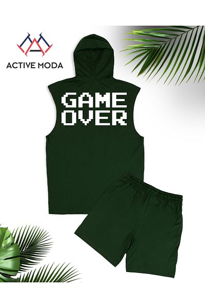 ACTIVE MODA Men's Gym Sports Singlet-Shorts 2-Piece Set Printed Game over