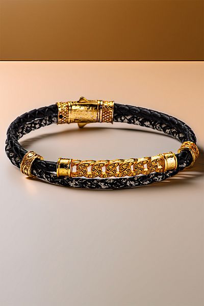 OSMANLI GÜMÜŞ Black Leather Men's Bracelet with Gold Chain Detail – Double Braided Design