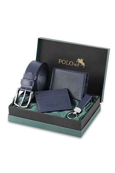 Polo Air Men's 100% Genuine Leather Wallet Card Holder Belt Keychain Combination Set Navy Blue Color Hm-8003-L