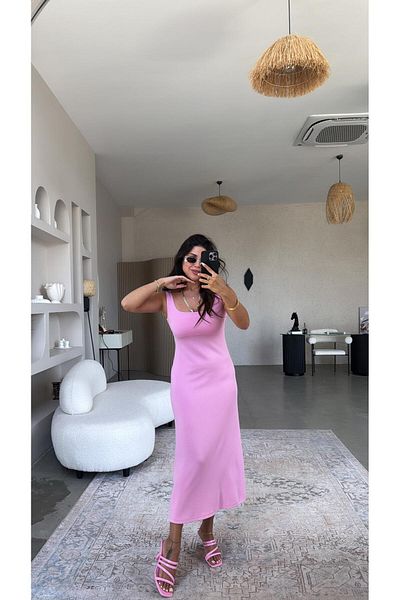 Buket Teke Φόρεμα Pink Modal με τετράγωνο γιακά