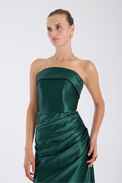 meksila kadın straptes saten likralı uzun yırtmaçlı düğün nişan davet mezuniyet abiye elbise