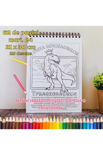 Magia Cartii Carte de colorat pentru copii cu dinozauri de colorat, Lumea Dinozaurilor, A4, 62pag, seria Opin puk