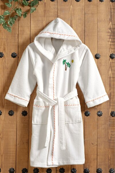 Mulberry روب حمام قطني للأطفال بغطاء رأس أبيض - مطرز بالصبار