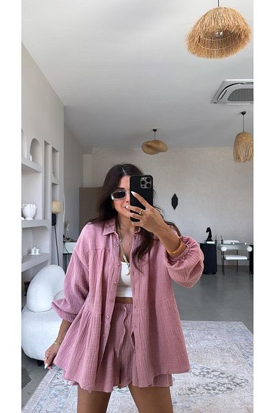 Buket Teke Rose Dry Muslin Shirt Shorts Set