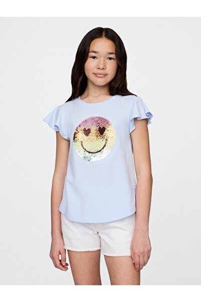GAP Kız Çocuk Açık Mavi Kids Flippy-Sequin Grafik T-Shirt