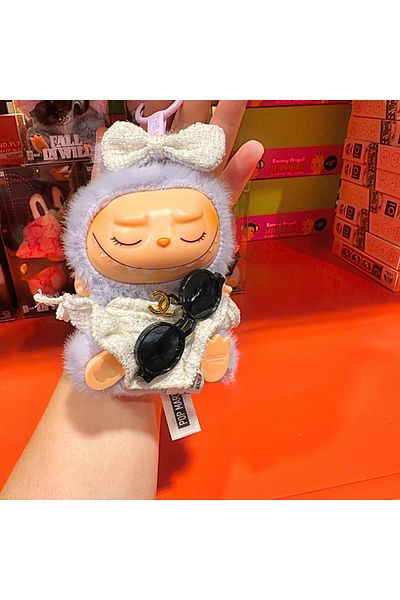 BaoBao 15cm plush Labubu with elegant cream dress, shiny bow and black glasses – BaoBao