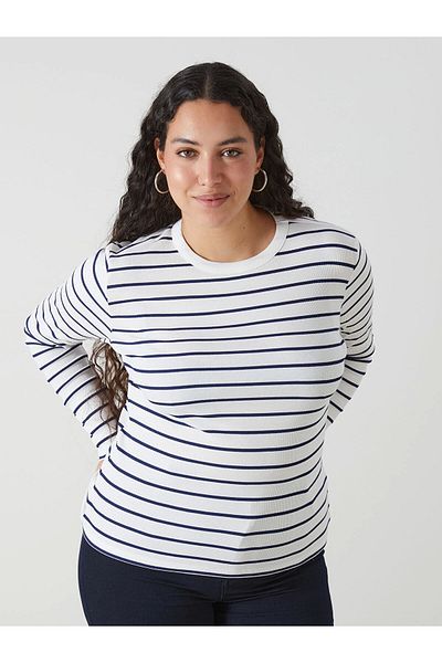 LC Waikiki Γυναικείο κορμάκι LCWAIKIKI Basic Navy Blue Crew Neck ριγέ