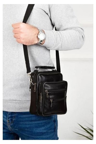 Newish Polo Men's Genuine Leather Hand Shoulder Bag and Mechanism Wallet (15X19 cm) - Black