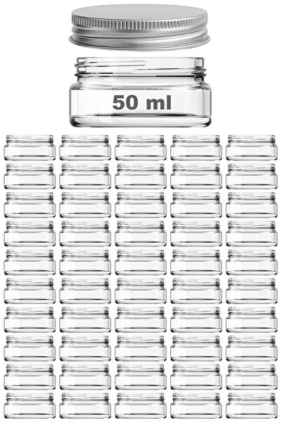 Afracam 50 ml Metal Gümüş Kapaklı Kozmetik Kavanozu 50 Cc Şeffaf Cam Krem Kav...