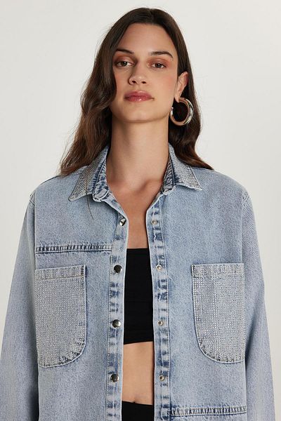 Tudors Women's Regular Fit 100% Cotton Double Pocket Stone Detailed Denim Light Blue Shirt