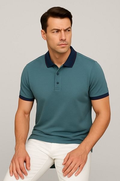 LACİVERTMEN Lacivertmen 2988-1 Tricou cu guler polo din bumbac cu detaliu pe guler și manșetă