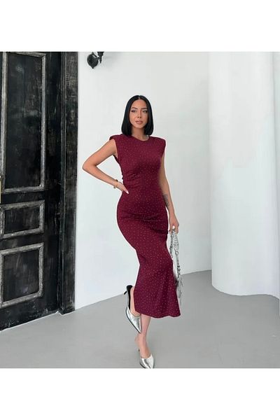 badibadii Women's Burgundy Modal Fabric Stone Detail Slit Dress