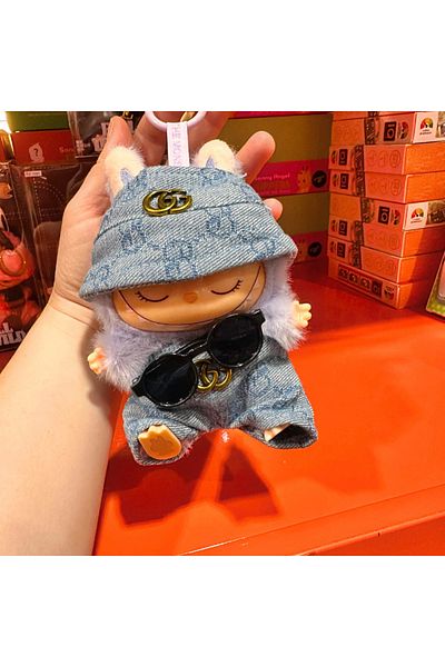 BaoBao 15cm plush Labubu with light blue denim outfit, fashion hat and black glasses – BaoBao