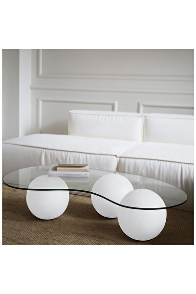 Hitit Dekorasyon Fasülye Küre Ahşap Cam Orta Sehpa Beyaz