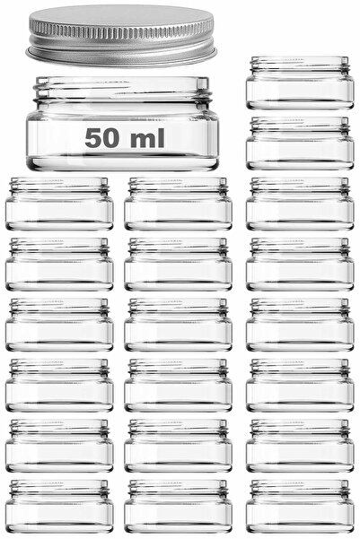 Afracam 50 ml Metal Gümüş Kapaklı Kozmetik Kavanozu 50 Cc Şeffaf Cam Krem Kavanoz 20 Adet