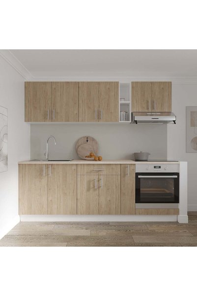 haaus.ro Set Bucatarie Karo V14, Lemn Natural/Alb, Blat Thermo 28 mm, L 220 cm