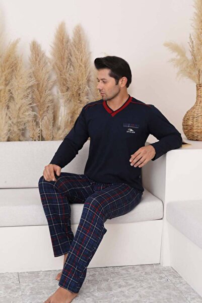 ALİMER Navy Blue Plaid Long Sleeve Men's Pajama Set 1167Uy