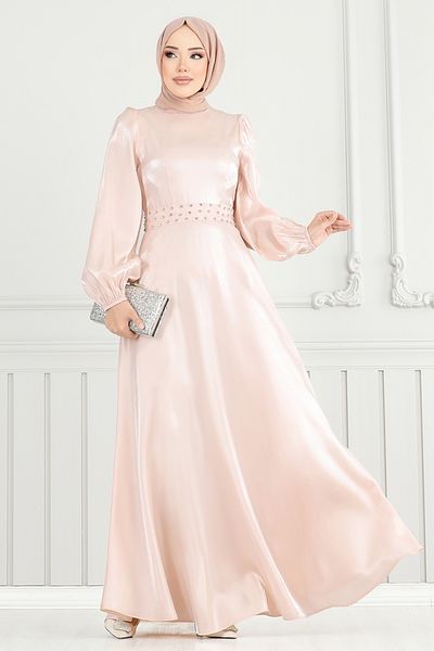 ModaMerve Βραδινό φόρεμα Hijab με πέτρα ζώνης 2330ANT904-M Πούδρα