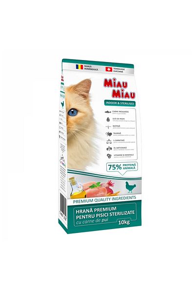 MIAU MIAU Ξηρά τροφή για στειρωμένες γάτες εσωτερικού χώρου & στειρωμένες 10 kg