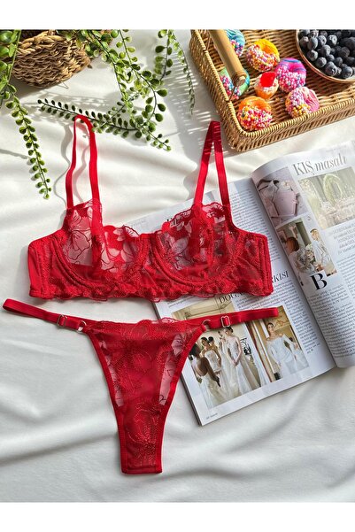 kiari Red Floral Embroidered Underwire Unlined Brode Underwear Set