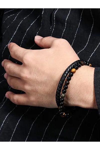 VOLY Men's leather and natural stone bracelet, brown and black stones
