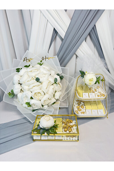 Cyz Home 3'lü Kız İsteme Çiçeği ve 80 + 80 Adet Söz Çikolatası, Nişan Çikolat...