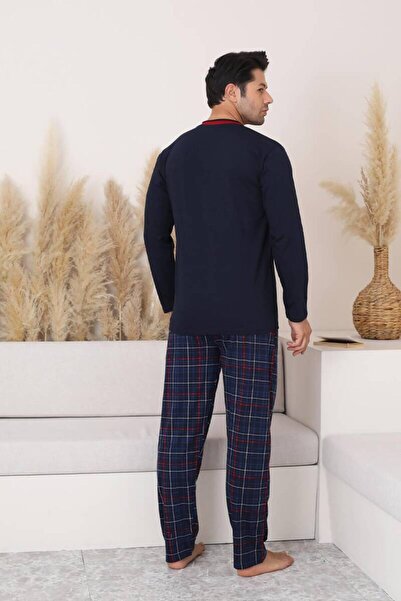 ALİMER Navy Blue Plaid Long Sleeve Men's Pajama Set 1167Uy