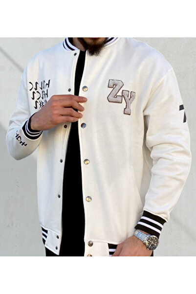 ZyKhan Erkek Siyah Kolej Bomber Ceket - ZY Nakış Detaylı