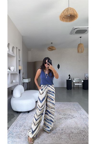 Buket Teke Beige Blue Patterned Wide Leg Trousers