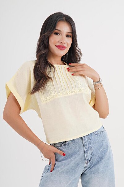 Hipo Trend Κίτρινη μπλούζα με κοντό μανίκι με κορδόνια μπροστά